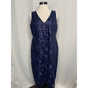 Nicole Miller New York Navy Blue Sequin Art Deco Cocktail Dress Sz 14 Sleeveless
